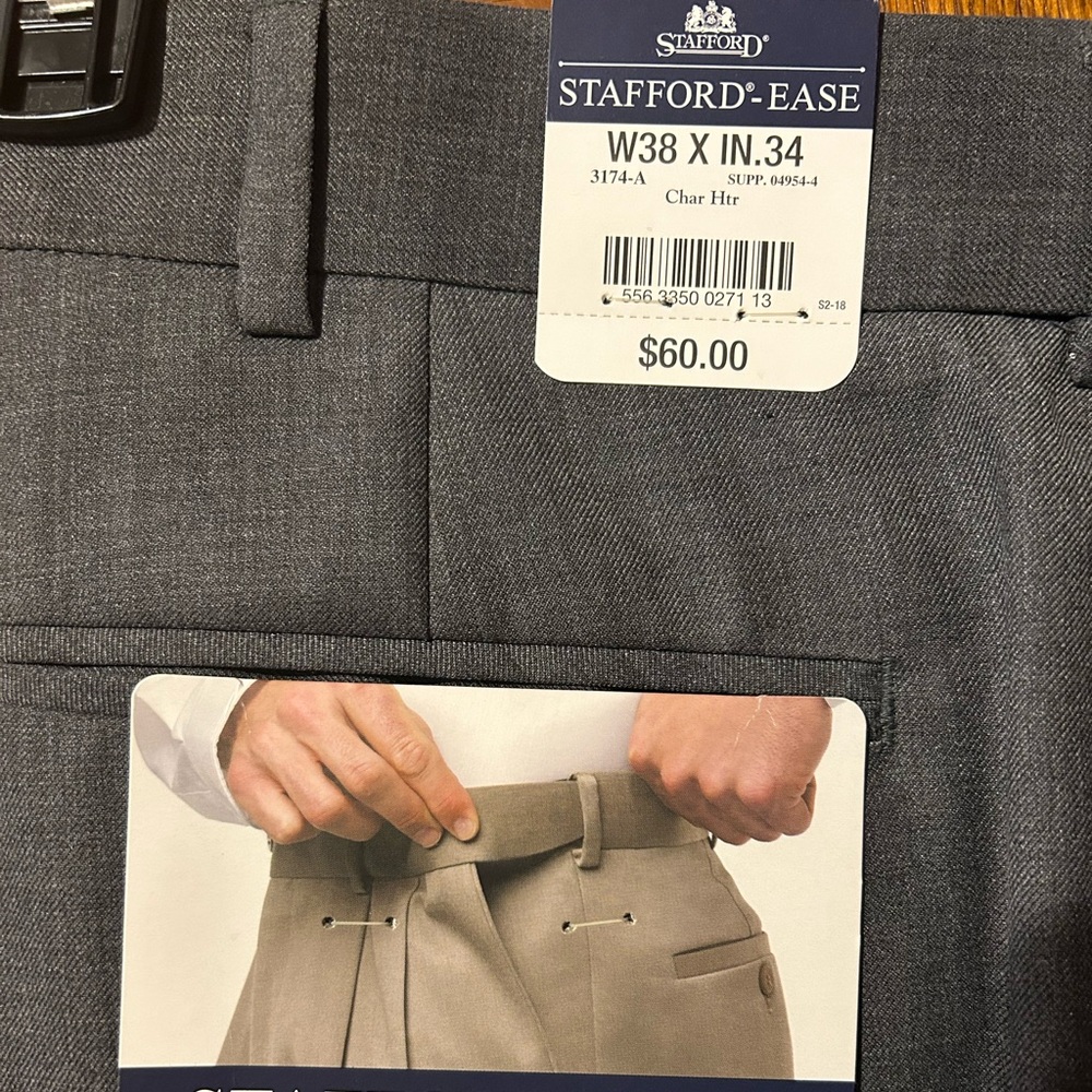 Pleated w/cuffs, self-adjusting waistband, wrinkle resistant and washable.